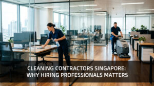 Professional cleaning contractors maintaining a clean and organised Singapore office