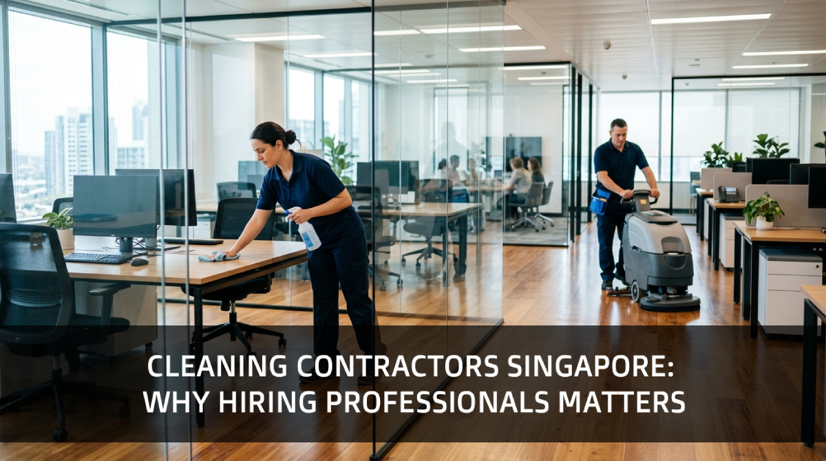 Professional cleaning contractors maintaining a clean and organised Singapore office